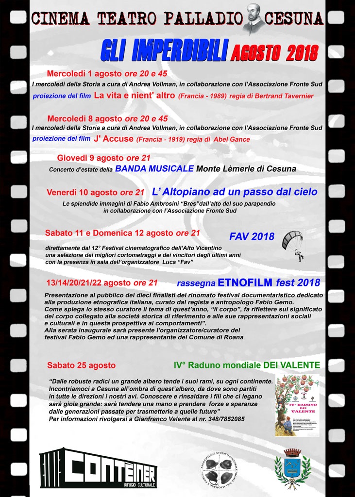 PROGRAMMAZIONE CINEMA AGOSTO 2018
